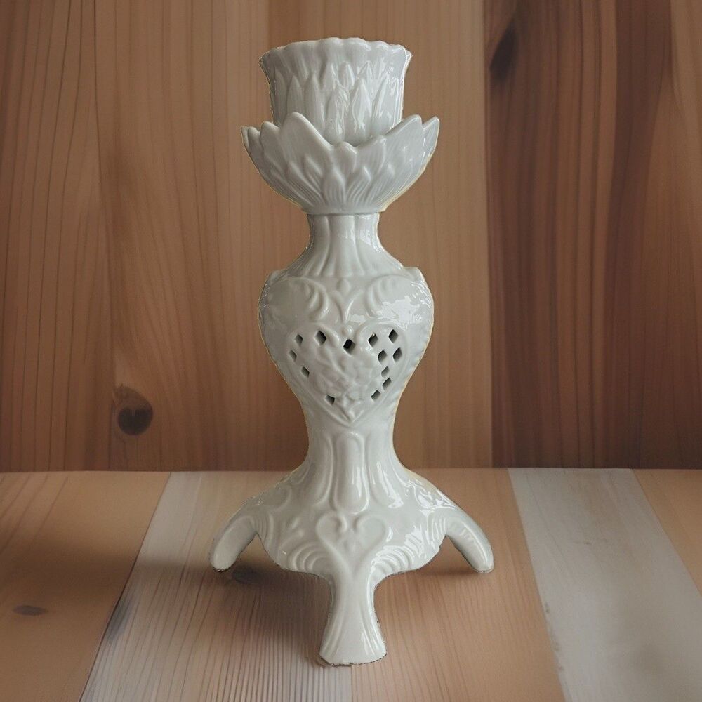 Vintage White Heart Motif Porcelain Candle Holder Large